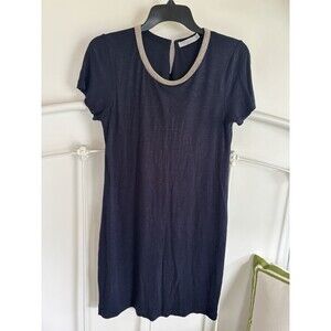 DALIA Navy Blue Knit Short Sleeve Dress Jeweled Neckline SMALL S Lined casual